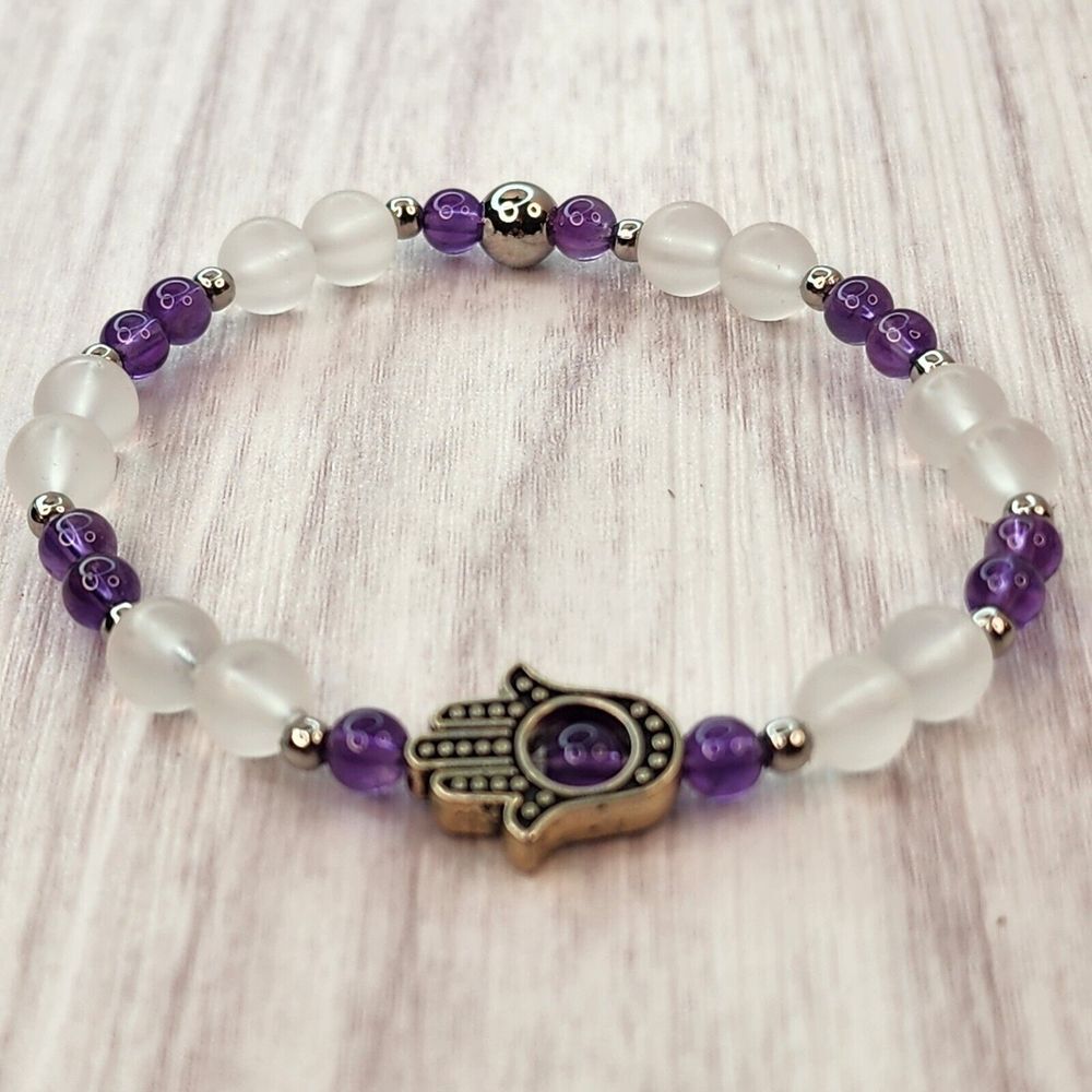 Crystal Bracelet Stretch Women's Amethyst Matte Quartz 6mm 4mm 7in Gift Box